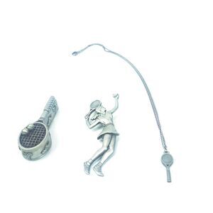 3 pc Pewter Tennis Jewelry Brooch Pin Player Brooch Pin Racket w/Earring Pendant